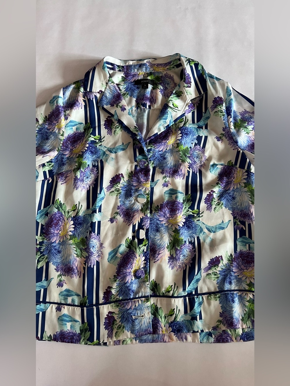 J.Crew Navy Striped Floral Blouse with Blue & Purple Blooms